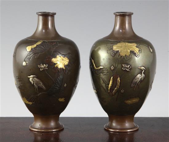 A pair of Japanese and mixed metal ovoid bottle vases, Meiji period, 13.5cm